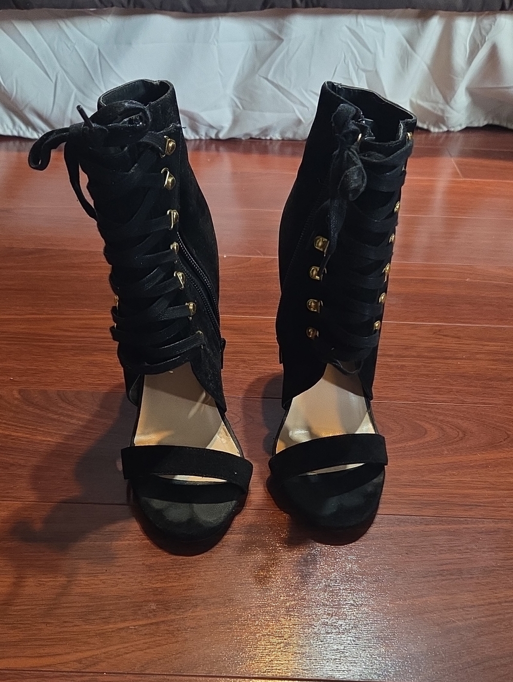 Shoe Dazzle Black Lace-Up Open Toe Ankle Heels with Gold Eyelets